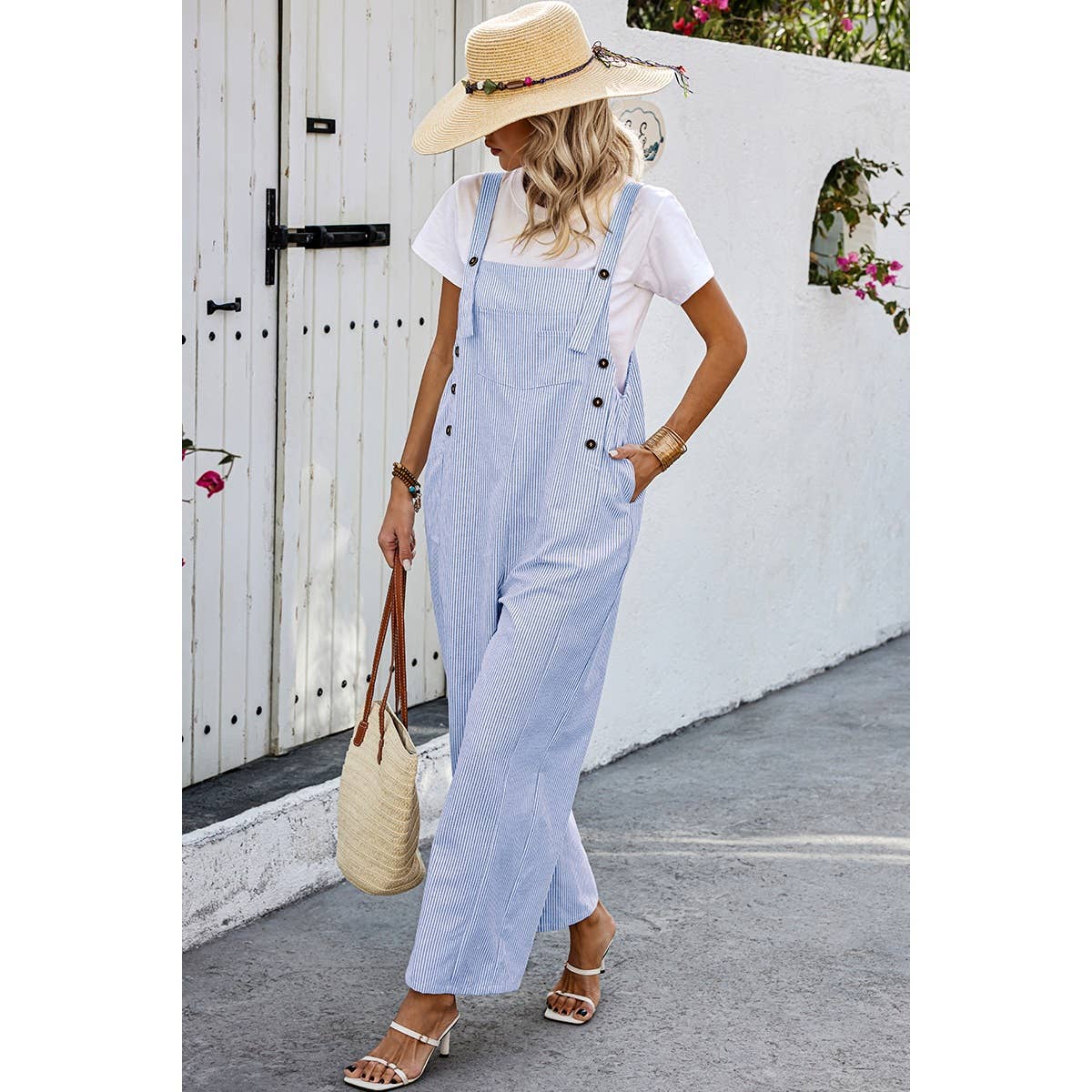 Solid Square Neck Button Trim Pockets Jumpsuit