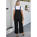 Solid Square Neck Button Trim Pockets Jumpsuit