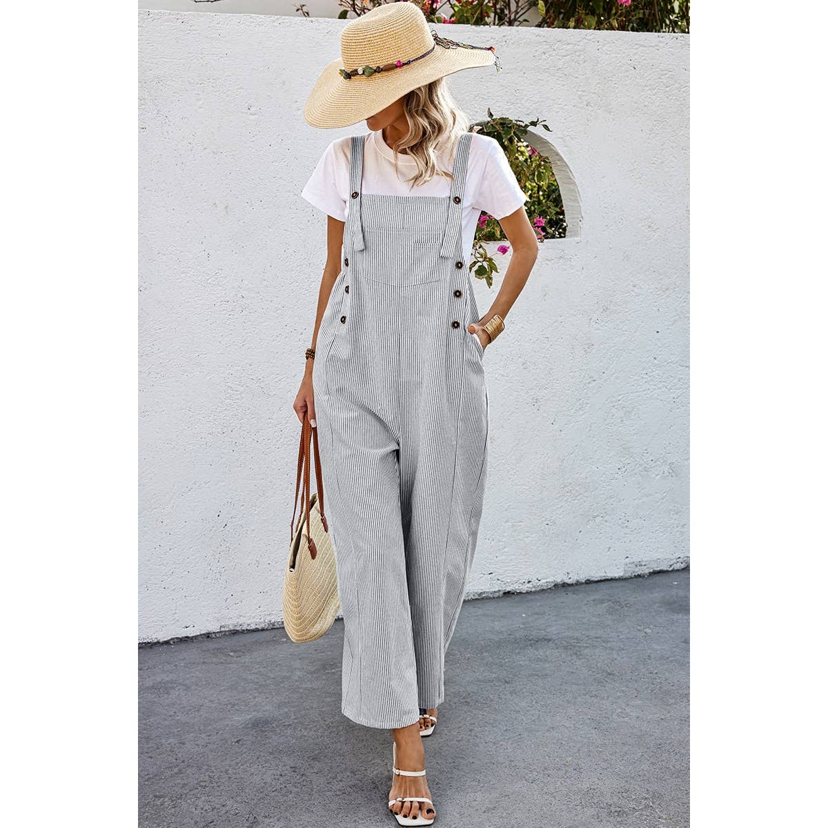 Solid Square Neck Button Trim Pockets Jumpsuit