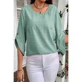 Solid Swiss Dot Round Neck Loose Button Trim Top - MVTFASHION.COM