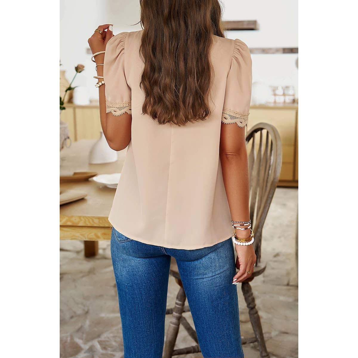 Solid Tie Back Gathered Detail Puff Sleeve Top - Elings