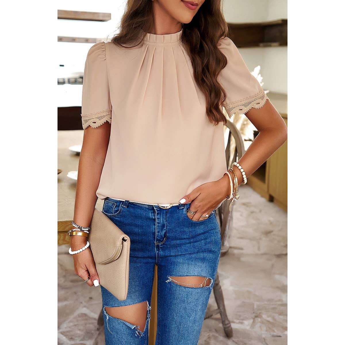 Solid Tie Back Gathered Detail Puff Sleeve Top - Elings