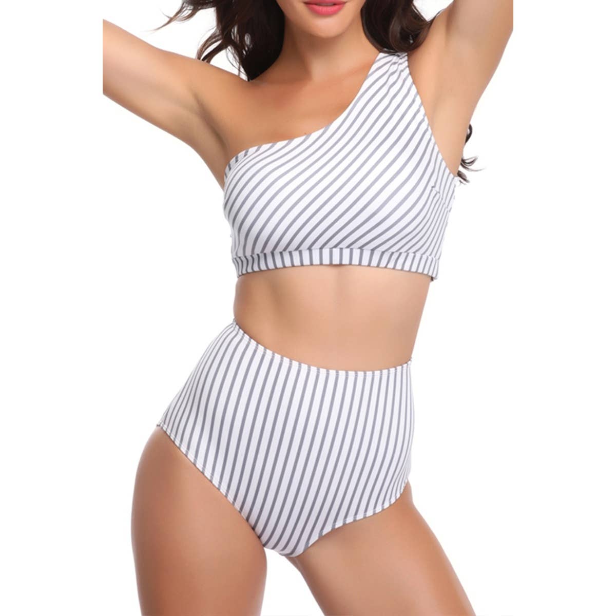 Solid Two Pieces One Shoulder High Cut Swimsuit