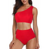 Solid Two Pieces One Shoulder High Cut Swimsuit