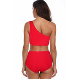 Solid Two Pieces One Shoulder High Cut Swimsuit