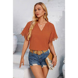 Solid V Neck Loose Lace Trim Color Block Blouse