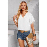 Solid V Neck Loose Lace Trim Color Block Blouse