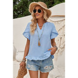 Solid V Neck Ruffle Hem Loose Fit Blouse - Elings