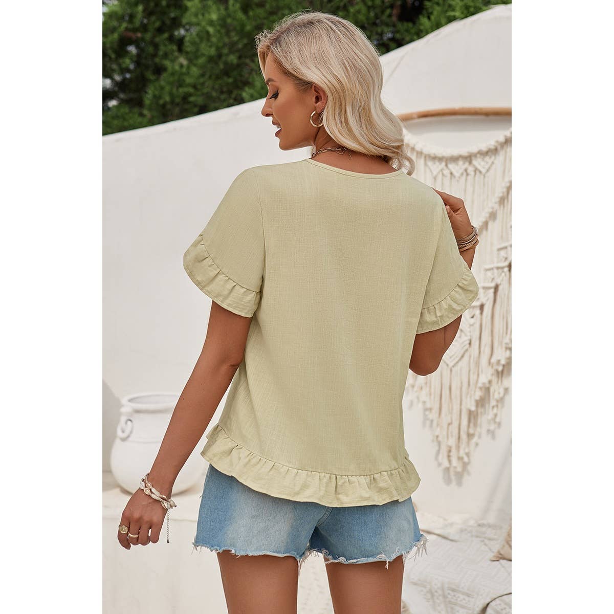 Solid V Neck Ruffle Hem Loose Fit Blouse - Elings