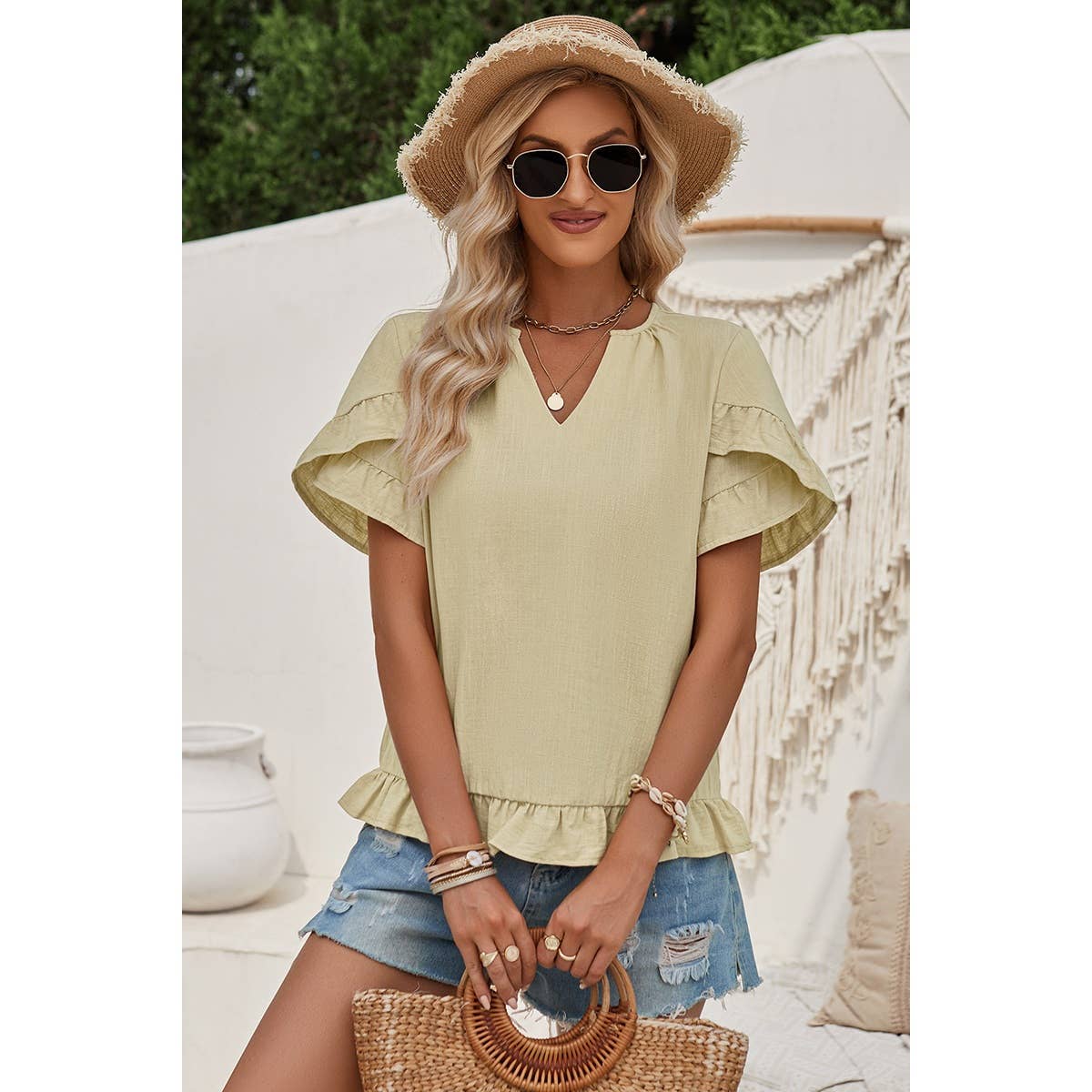 Solid V Neck Ruffle Hem Loose Fit Blouse - Elings