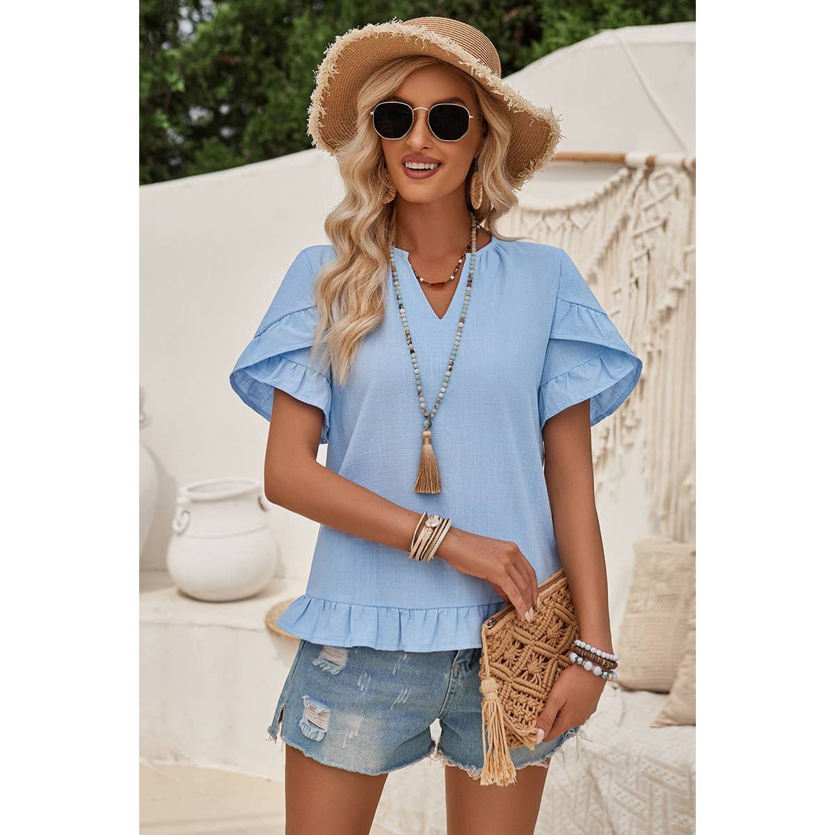 Solid V Neck Ruffle Hem Loose Fit Blouse - Elings