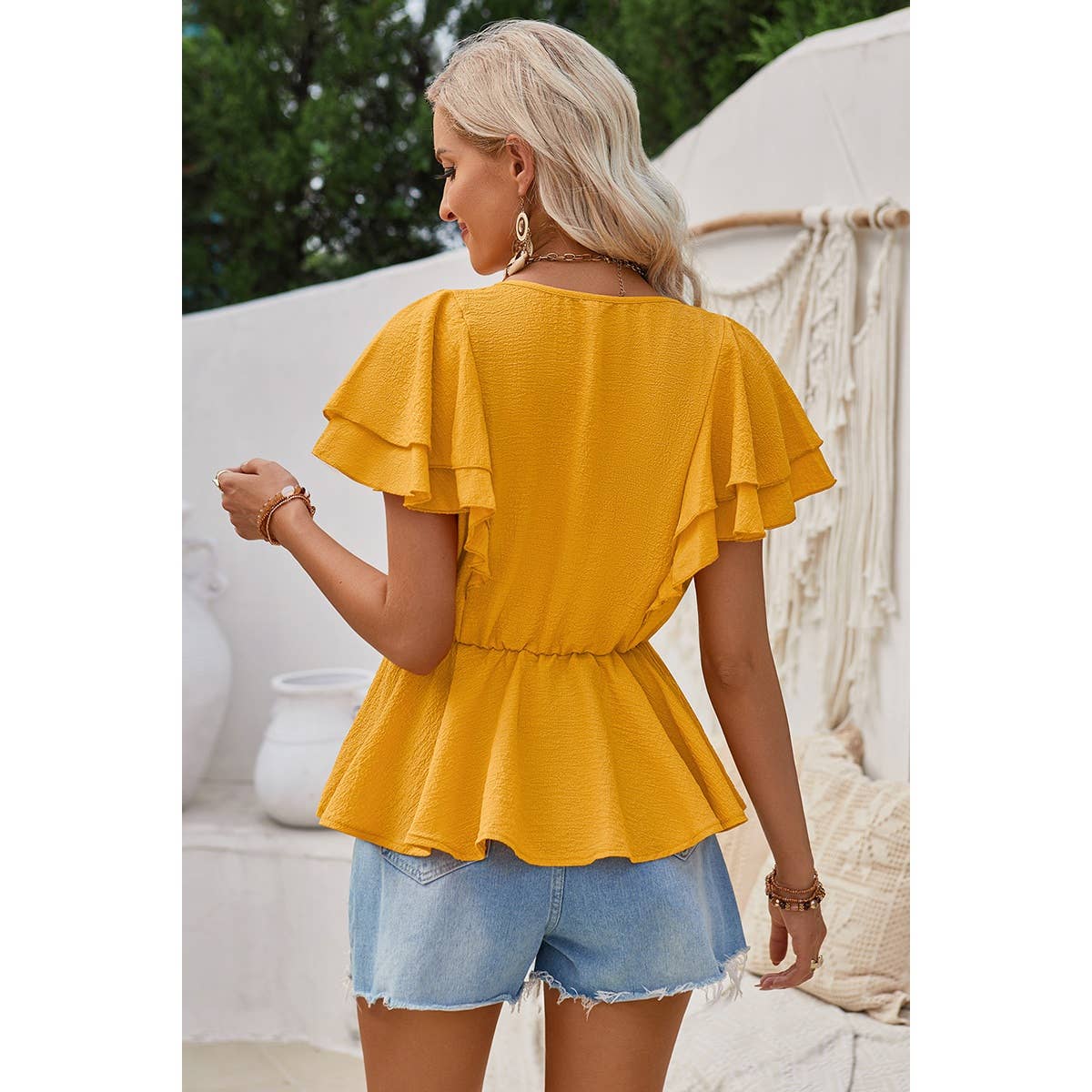 Solid V Neck Ruffle Trim Peplum Tee - Elings