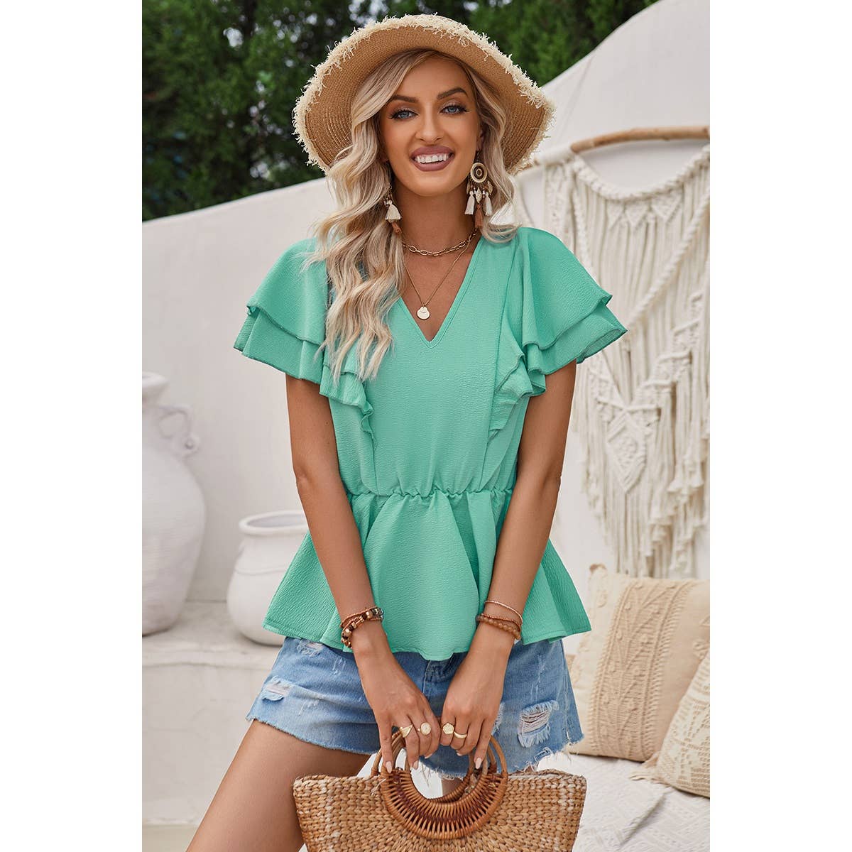 Solid V Neck Ruffle Trim Peplum Tee - Elings