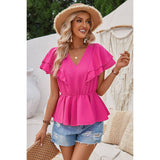 Solid V Neck Ruffle Trim Peplum Tee | Blouse - Women's | F, new arrival, S, shoppe247, short sleeve top, Top | Elings