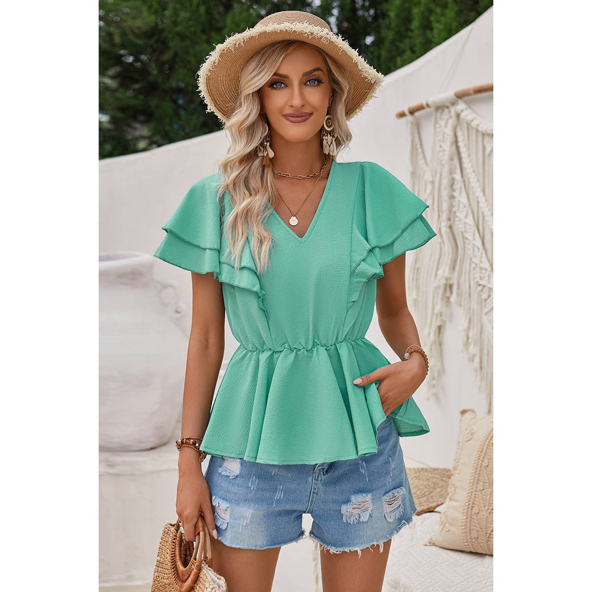 Solid V Neck Ruffle Trim Peplum Tee - Elings