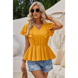 Solid V Neck Ruffle Trim Peplum Tee - Elings