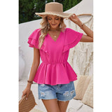 Solid V Neck Ruffle Trim Peplum Tee - Elings