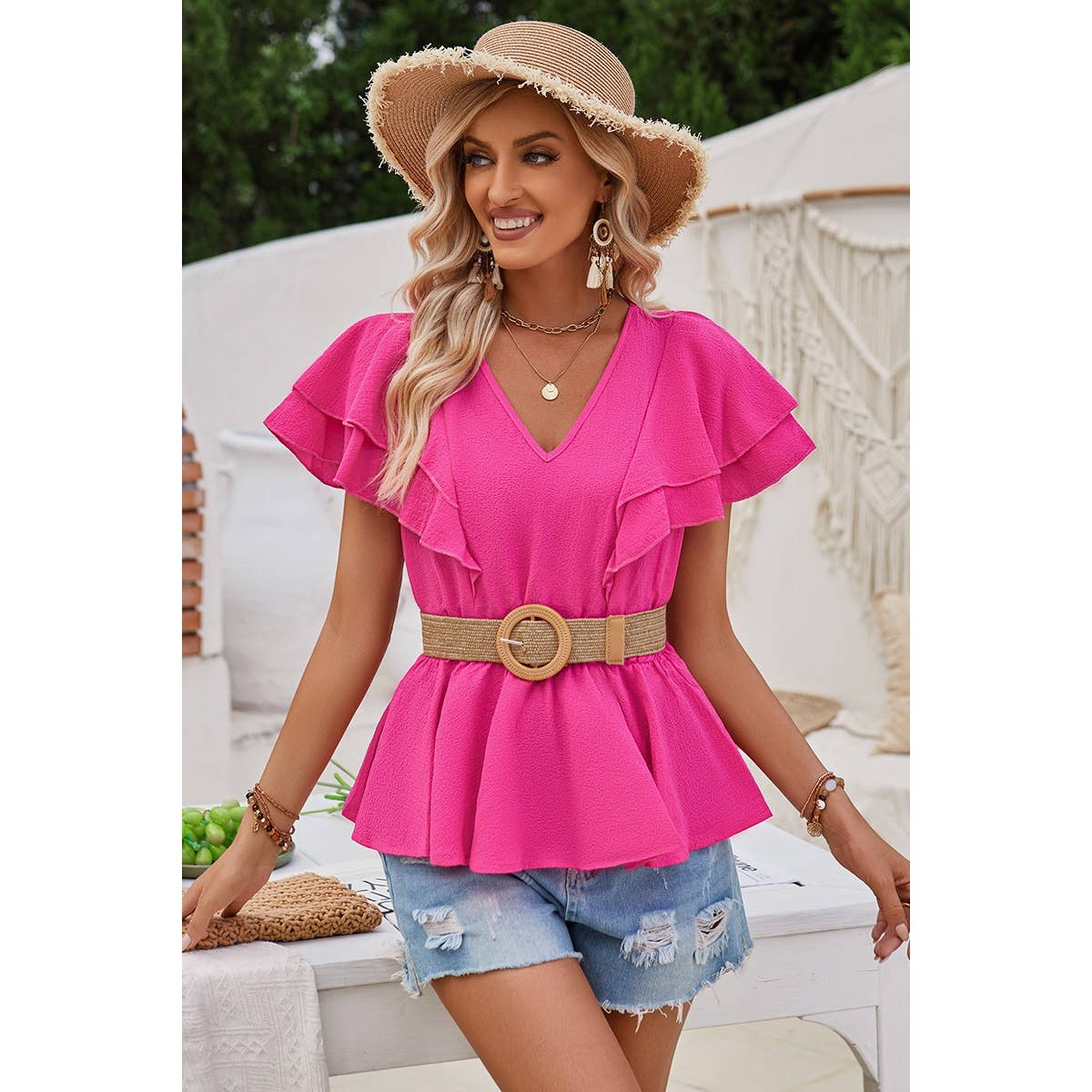 Solid V Neck Ruffle Trim Peplum Tee - Elings