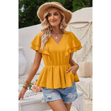 Solid V Neck Ruffle Trim Peplum Tee - Elings