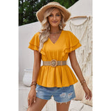 Solid V Neck Ruffle Trim Peplum Tee - Elings