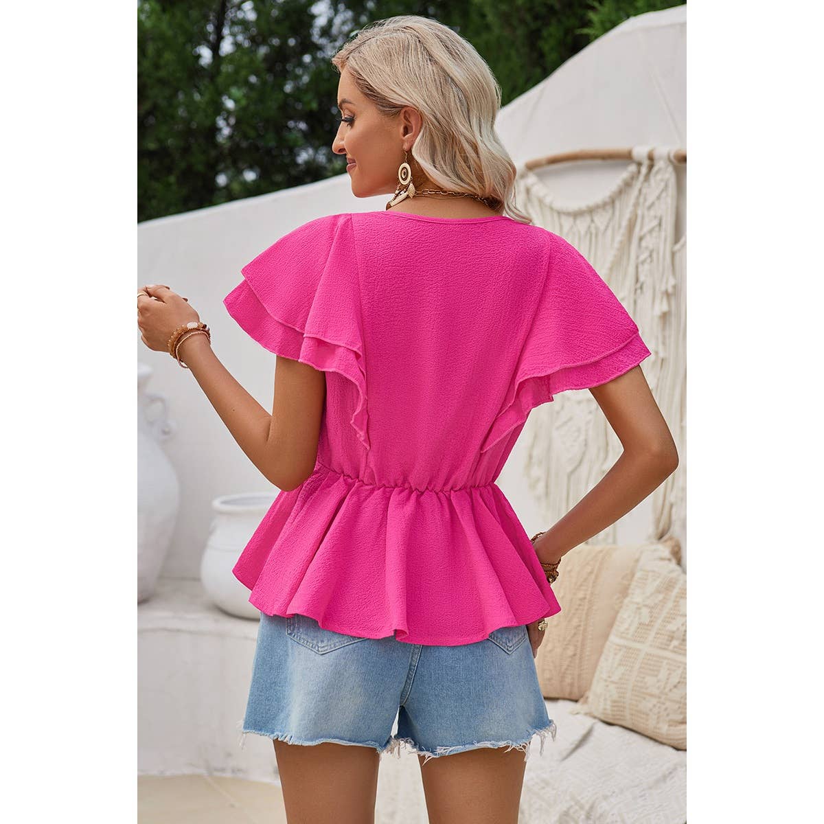 Solid V Neck Ruffle Trim Peplum Tee - Elings