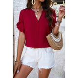 Solid V Neck Short Sleeves Hem Ruffle Loose Blouse