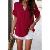 Solid V Neck Short Sleeves Hem Ruffle Loose Blouse