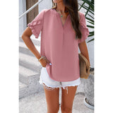 Solid V Neck Short Sleeves Hem Ruffle Loose Blouse