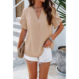 Solid V Neck Short Sleeves Hem Ruffle Loose Blouse