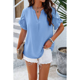 Solid V Neck Short Sleeves Hem Ruffle Loose Blouse