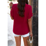 Solid V Neck Short Sleeves Hem Ruffle Loose Blouse