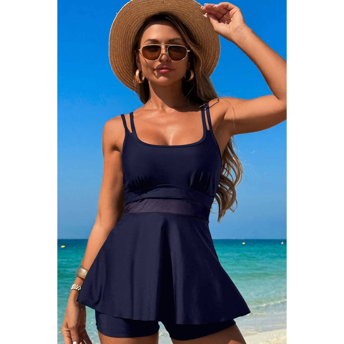 Square Neck Bottom Mesh Two Piece Swimsuit