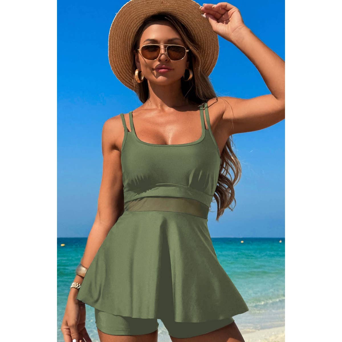 Square Neck Bottom Mesh Two Piece Swimsuit