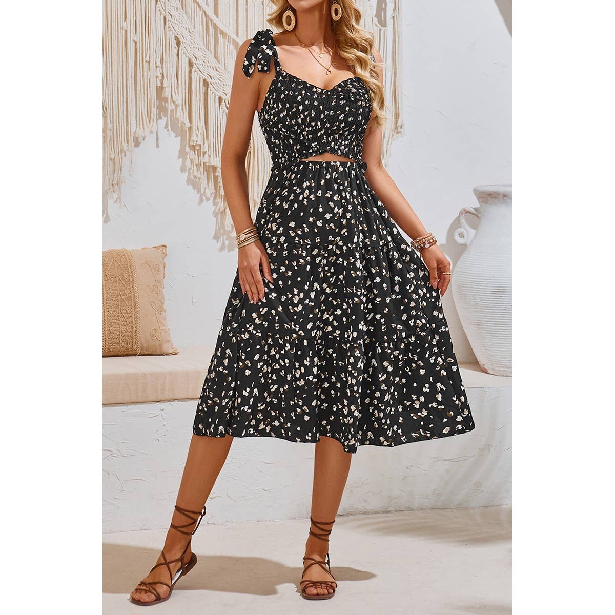 Square Neck Leopard Cut Out Elastic Waist Dress