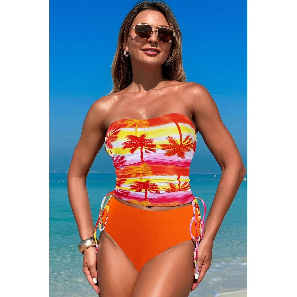 Strapless Ruche Drawstring Side Two Piece Swimsuit