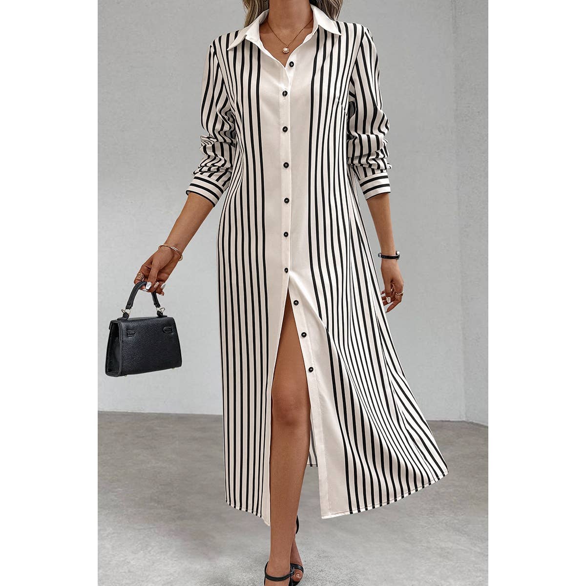 Strip Loose Fit Button Front Open Blouse Dress