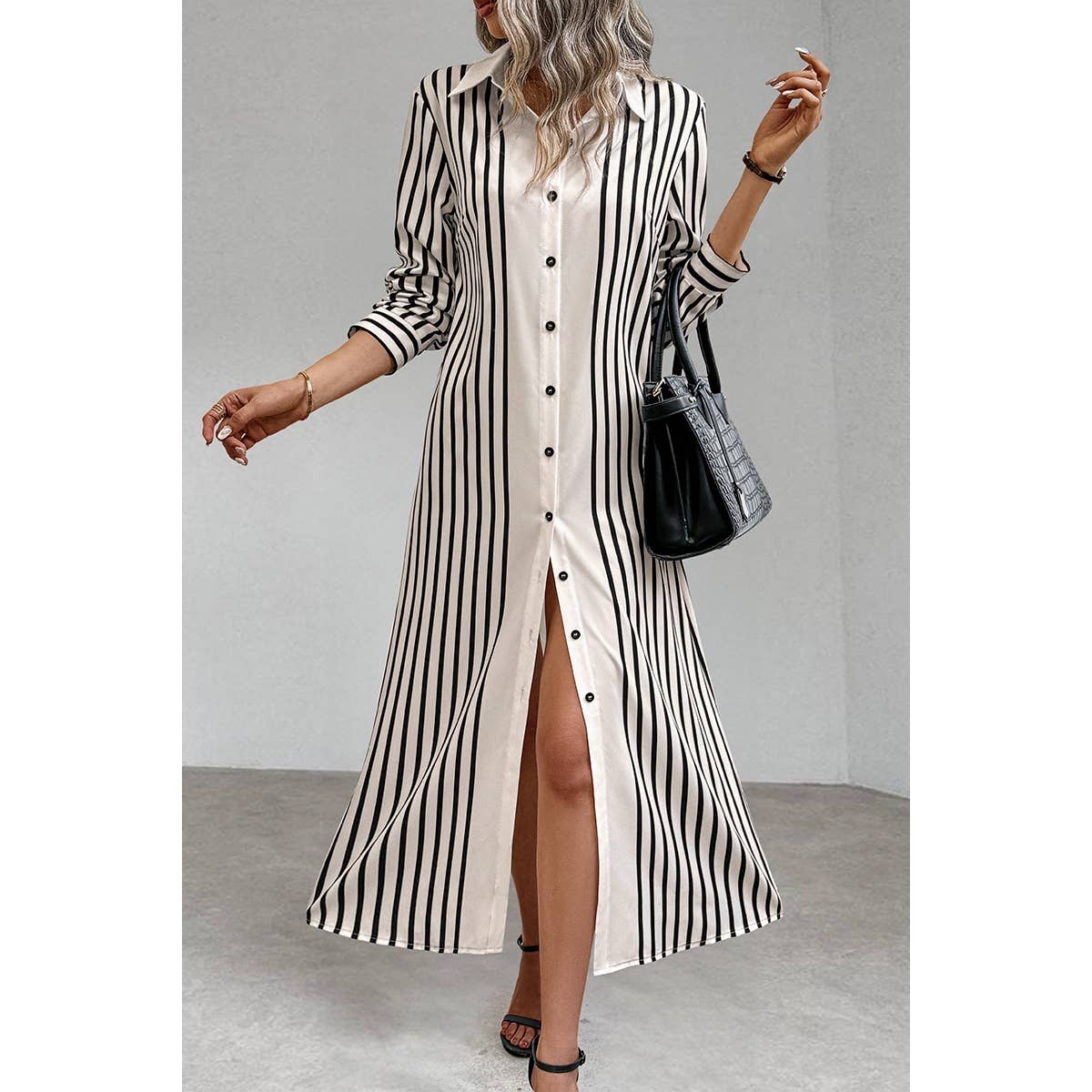 Strip Loose Fit Button Front Open Blouse Dress