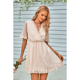 Swiss Dot Frill Trim Puff Sleeve Surplice Dress - ELINGS