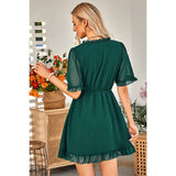 Swiss Dot Frill Trim Puff Sleeve Surplice Dress - ELINGS