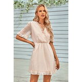 Swiss Dot Frill Trim Puff Sleeve Surplice Dress - ELINGS