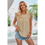 Swiss Dot Round Neck Ruffle Lose Solid Top - Elings