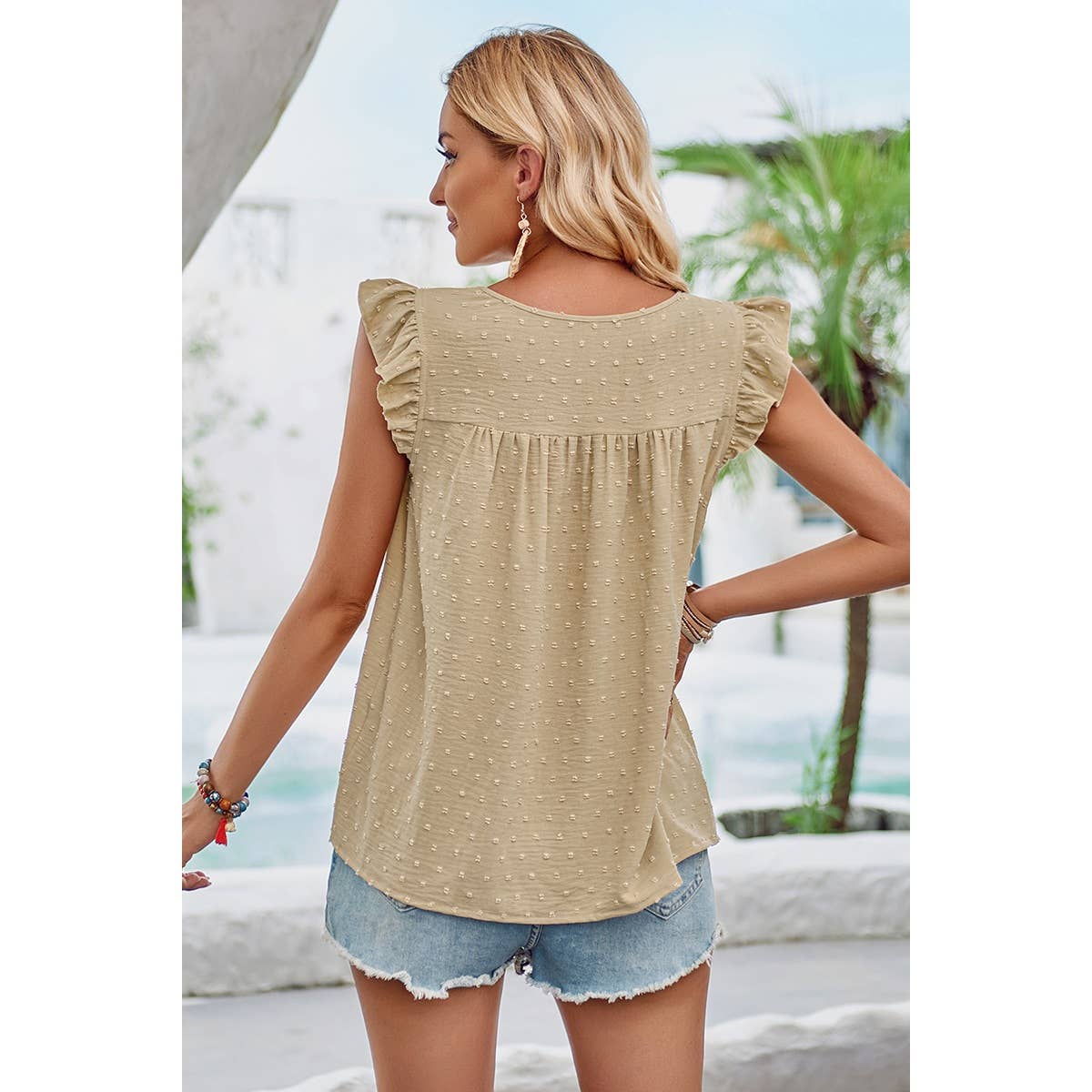 Swiss Dot Round Neck Ruffle Lose Solid Top - Elings