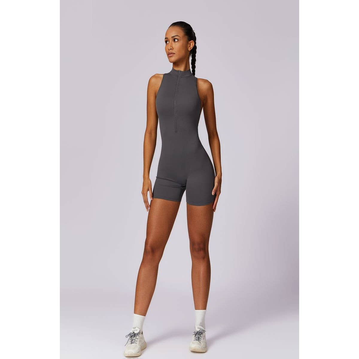 Tie Backless Halter Unitard Half Zipper Romper