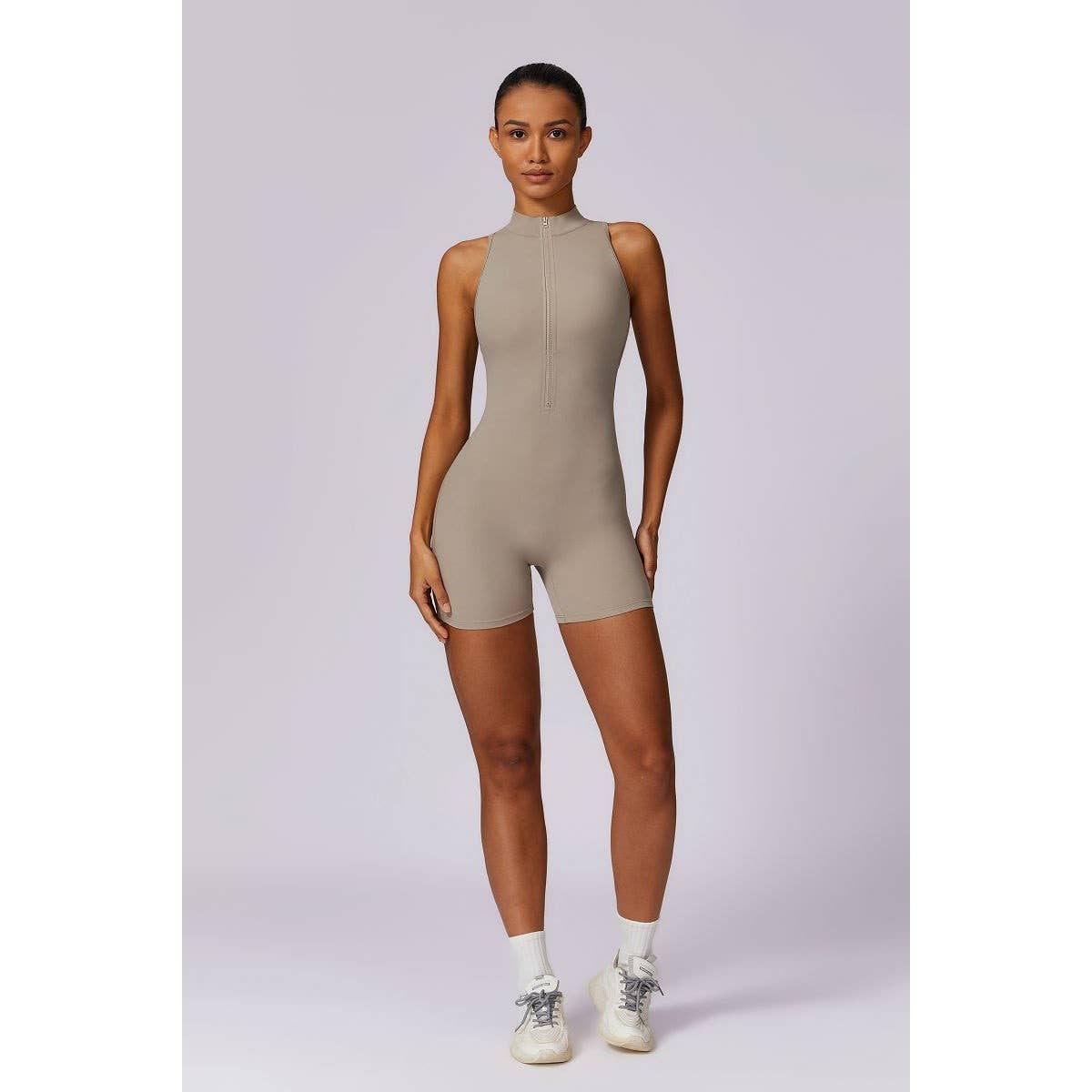 Tie Backless Halter Unitard Half Zipper Romper