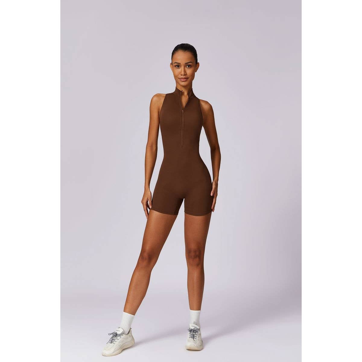 Tie Backless Halter Unitard Half Zipper Romper