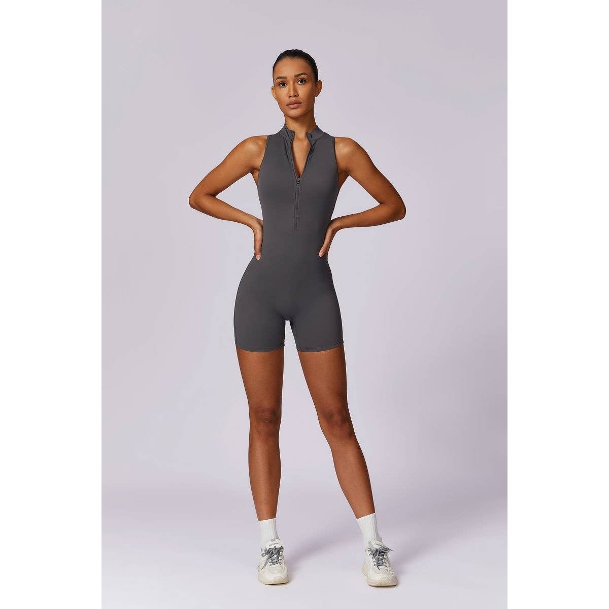 Tie Backless Halter Unitard Half Zipper Romper