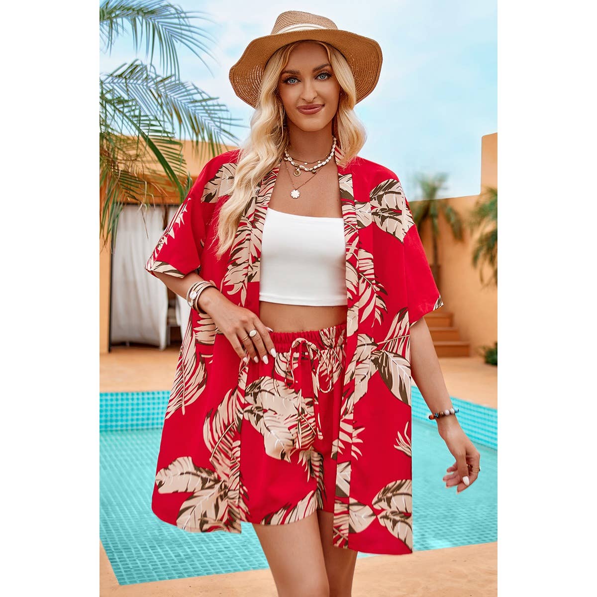 Tropical Print Kimono Elastic Waist Shorts - Elings