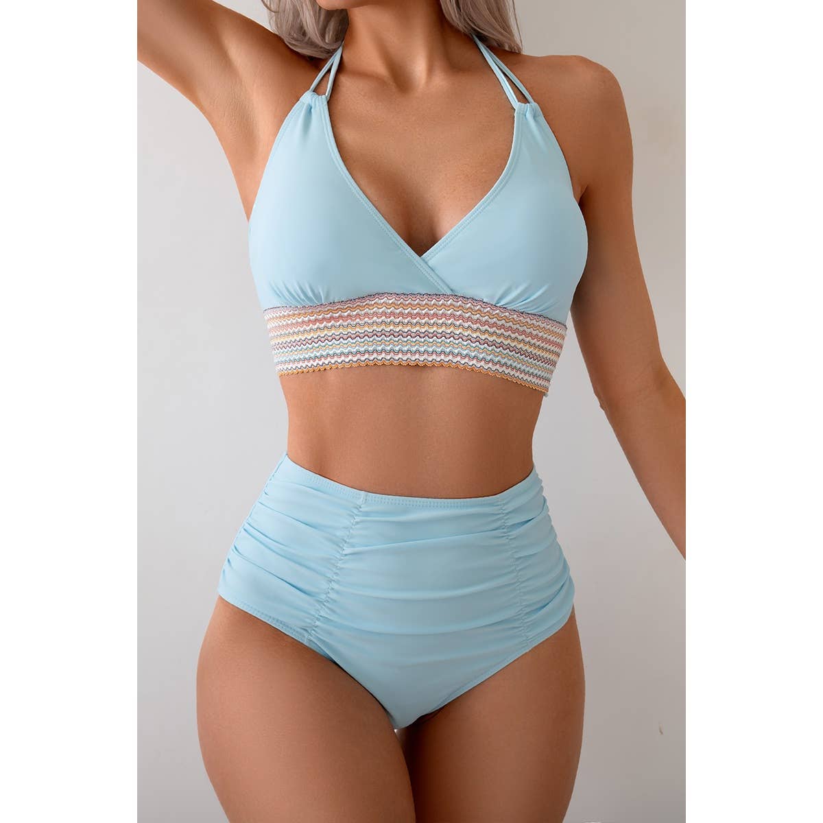 Two Pieces Elastic Band Halter Ruched Bikini