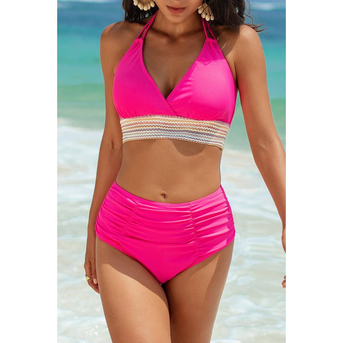 Two Pieces Elastic Band Halter Ruched Bikini