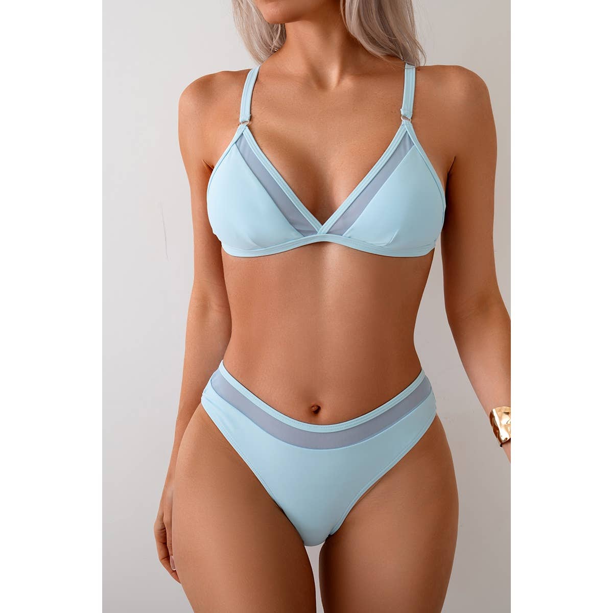 Two Pieces Lace Trim Solid High Cut Bikini